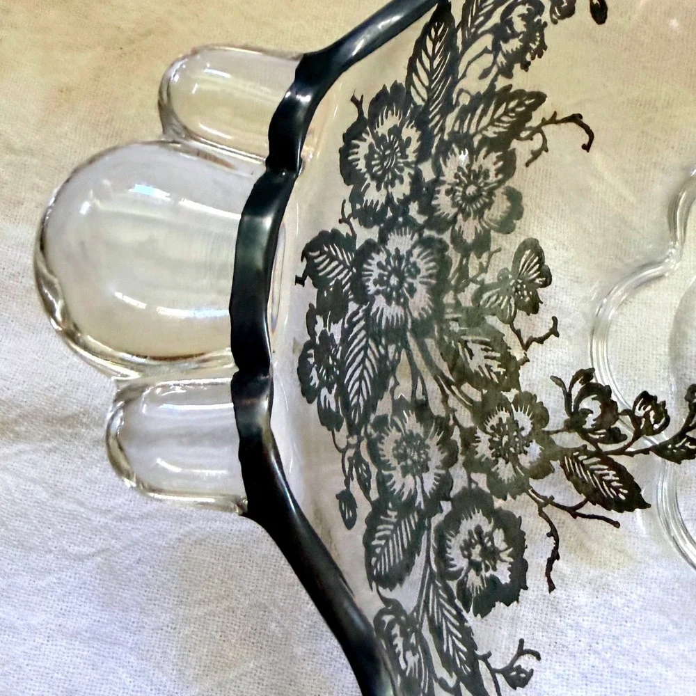 Vintage 2-part relish tray Blossom Time Silver Overlay Divided Glass Relish Dish